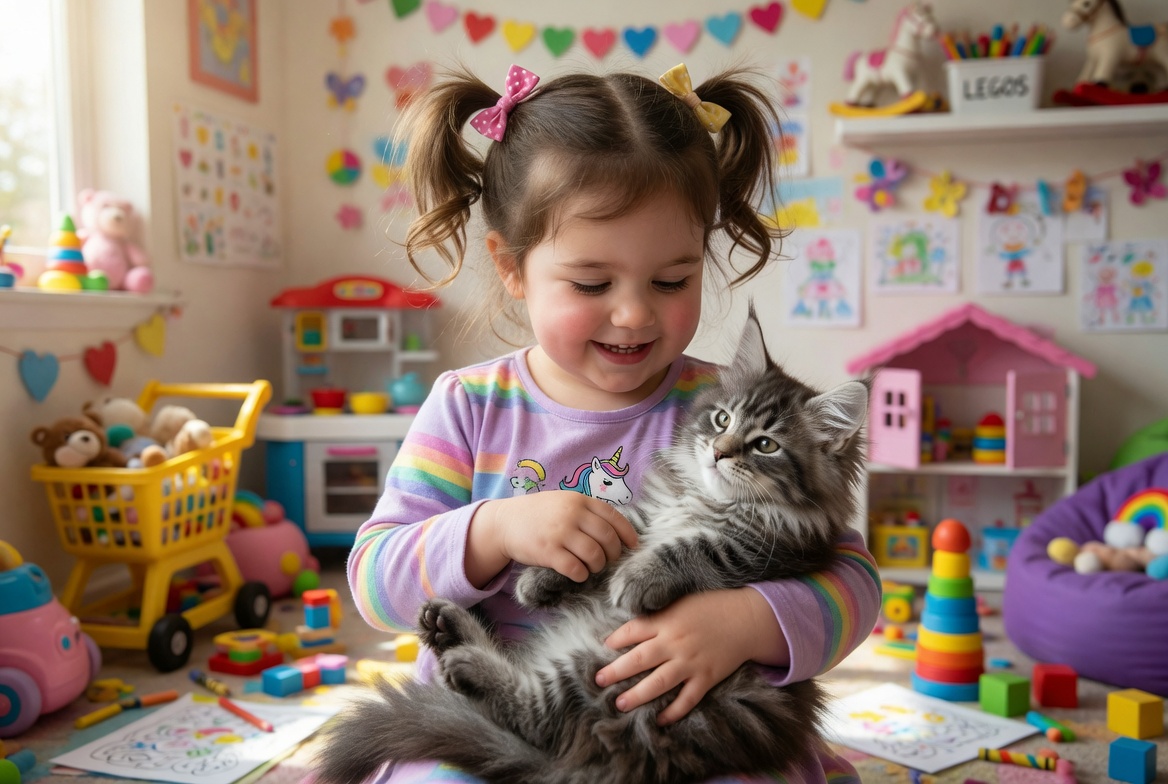 Brown Mackerel Maine Coon kitten Atlas in a playroom